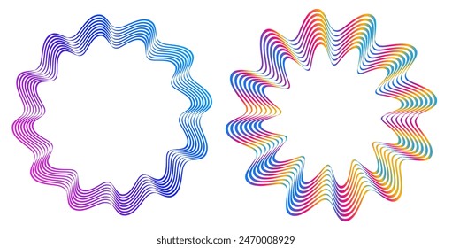Elementos de diseño. Onda de muchas líneas púrpuras círculo anillo. Abstractas Vertical rayas onduladas sobre fondo blanco aislado. Ilustración vectorial EPS 10. Ondas de colores con líneas creadas con la herramienta Mezcla
