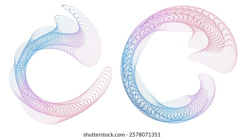 Design elements. Wave of many purple lines circle ring. Abstract rainbow wavy stripes on white background isolated. Vector illustration EPS 10. Colourful waves with lines created using Blend Tool