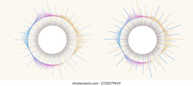 Elementos de design. Onda de muitas linhas roxas anel círculo. Listras onduladas verticais abstratas sobre fundo branco isolado. Ilustração vetorial EPS 10. Ondas coloridas com linhas criadas usando a ferramenta Mistura