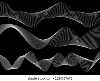 Design elements. Wave of many white lines. Abstract wavy stripes on black background isolated. Creative line art. Vector illustration EPS 10. Colourful shiny waves with lines created using Blend Tool