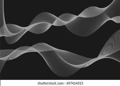 Design elements. Wave of many white lines. Abstract wavy stripes on black background isolated. Creative line art. Vector illustration EPS 10. Colourful shiny waves with lines created using Blend Tool