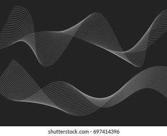 Design elements. Wave of many white lines. Abstract wavy stripes on black background isolated. Creative line art. Vector illustration EPS 10. Colourful shiny waves with lines created using Blend Tool
