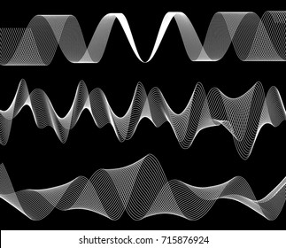 Design elements. Wave of many white lines. Abstract wavy stripes on black background isolated. Creative line art. Vector illustration EPS 10. Colourful shiny waves with lines created using Blend Tool