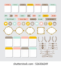 Design elements for website. Template for notebooks. Monthly planner. Set for blog design. Notes, stickers, labels. Vector illustration