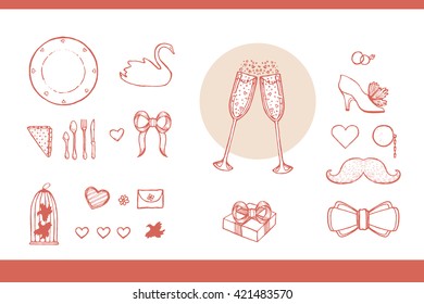 Design elements for wedding and honeymoon. Could be used in greeting card, wedding invitation, poster design, etc. Vintage style, hand drawn pen and ink