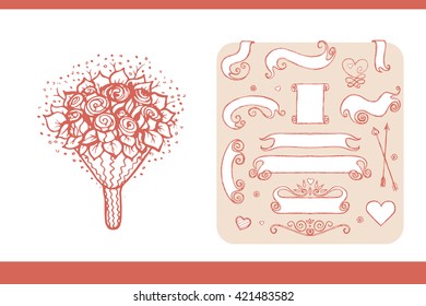 Design elements for wedding and honeymoon. Could be used in greeting card, wedding invitation, poster design, etc. Vintage style, hand drawn pen and ink