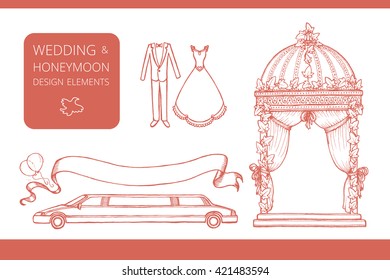 Design elements for wedding and honeymoon. Could be used in greeting card, wedding invitation, poster design, etc. Vintage style, hand drawn pen and ink