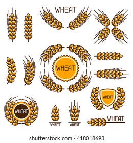 Design elements with wheat. Agricultural image natural ears of barley or rye. Objects for decoration bread packaging, beer labels. 