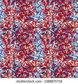 Design. Elements white, black and red on colors. Vector illustration. Cute fabric pattern. Flat doodles. Seamless Print.