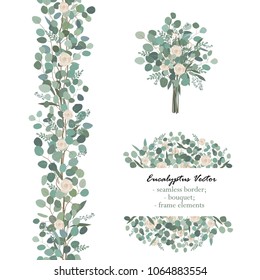 Design elements with white rose flowers and eucalyptus branches. Bouquet, seamless border, frame element. Greeting, wedding invite template