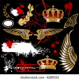 design elements with wing, crown, butterfly, oak leaves and laurels, vector illustration