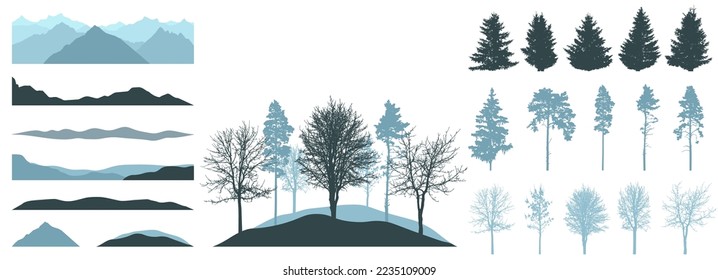 Design elements of winter forest trees. Constructor of landscape. Silhouettes of beautiful spruces, pines, bare trees, hill. Creation of beautiful forest or park. Vector illustration