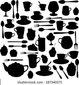 design elements,silhouettes of cups, spoons, forks and desserts, icons, vector illustration