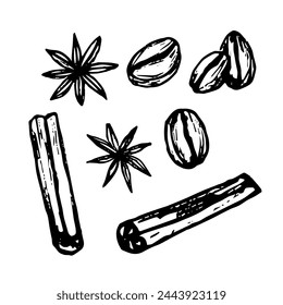 Design elements.Simple black and white doodle illustrations of coffee beans,cinnamon,star anise as spices for hot winter autumn beverages
