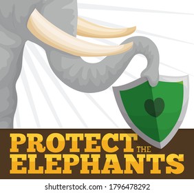 Diseño con elefante sosteniendo un escudo con su maletero, promoviendo los esfuerzos de conservación y protección de estos grandes animales.