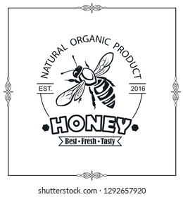 design of emblem with bee and honey on white background