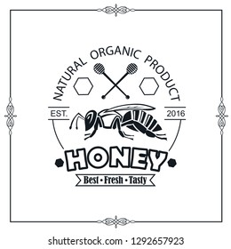 design of emblem with bee and honey on white background