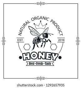 design of emblem with bee and honey on white background