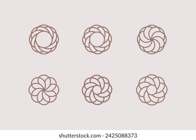 Design emblem with fibonacci spiral. Swirl circle element. Set of 6 geometric shape. Modern linear design element for logo and emblem.