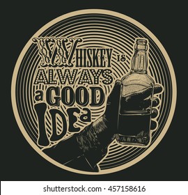 Design Emblem Whiskey Is Always A Good Idea With Male Hand Holding Bottle Of Whiskey. Hand Drawn Design Element. Engraving Style. Vector Illustration