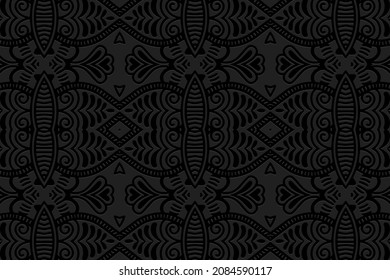 Diseño de un fondo negro con relieve, arte deco.Textura con un patrón 3D decorativo geométrico convexo vexo volumétrico geométrico.Plantilla gráfica vectorial al estilo de los pueblos de Oriente, Asia, India.