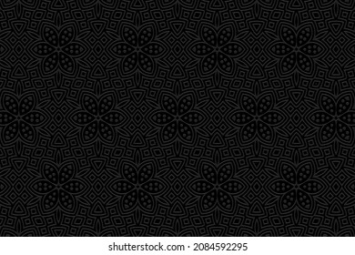 Design of an embossed black background, art deco.Texture with a geometric volumetric convex ethnic floral 3D pattern.Vector graphic template in the style of the peoples of the East, Asia, India, Mexic