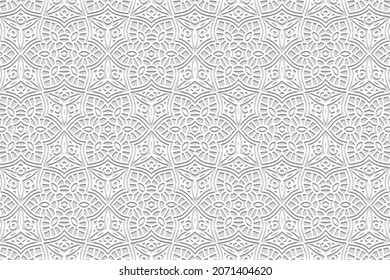 Diseño de fondo blanco con relieve, pancarta con un patrón 3D de apertura geométrica volumétrica convexa. Vintage oriental, indio, mexicano, de estilo azteca, técnica de garabatos, art deco.