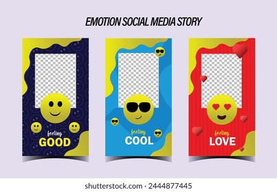 Design emoticon-themed social media story templates for engaging visual content creation, tailored for diverse platforms and users, enhancing storytelling experiences.