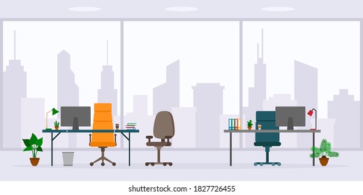 Design Of Empty Office Work Place Front View Vector Illustration. Flat Style Table, Desk, Chair, Computer, Desktop, Window Isolated On Cityscape