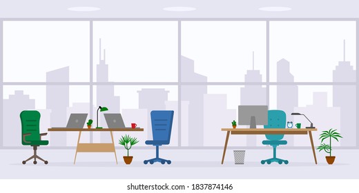 Diseño de la ilustración vectorial de vista frontal de la oficina vacía. Tabla de estilo plano, escritorio, silla, computadora, escritorio, ventana aislada en rascacielos