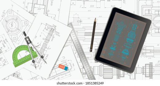 Design Engineer Workplace .Technical drawing background.Mechanical Engineering background . Industrial design engineering facility office.Vector illustration .	