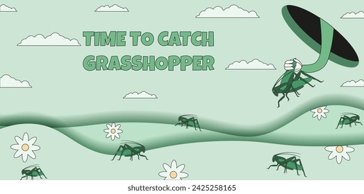 Design Entomophagy banner. Time catch Grasshoppers. Insects eco friendly alternative meat. Vector illustration. EPS 10. Editable stroke