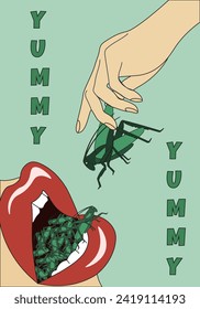 Design Entomophagy banner. Yummy Grasshoppers. Insects eco friendly alternative meat. Vector illustration. EPS 10. Editable stroke