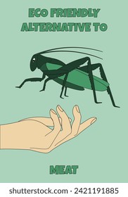 Design Entomophagy banner. Yummy Grasshoppers in hand. Insects eco friendly alternative meat. Vector illustration. EPS 10. Editable stroke