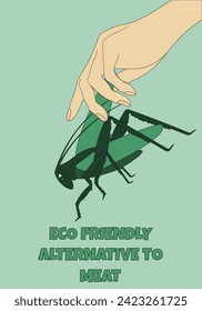 Design Entomophagy banner. Yummy Grasshoppers in hand. Insects eco friendly alternative meat. Vector illustration. EPS 10. Editable stroke