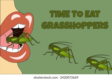 Design Entomophagy trend 2024 banner. Time to eat Grasshoppers. Insects eco friendly alternative meat. Vector illustration. EPS 10. Editable stroke