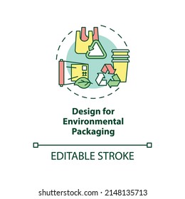 Design for environmental packaging concept icon. Industrial ecology abstract idea thin line illustration. Isolated outline drawing. Editable stroke. Arial, Myriad Pro-Bold fonts used