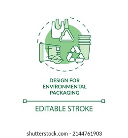 Design for environmental packaging green concept icon. Industrial ecology abstract idea thin line illustration. Isolated outline drawing. Editable stroke. Arial, Myriad Pro-Bold fonts used