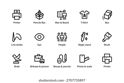 Design essentials icon collection. Modern creative tools, illustration, pencils, palettes, grids, cameras, and artistic instruments