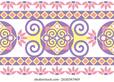 It is a design in the ethnic geometric style, using pastel colors to be used in art, patterns on various items, or as a black ground of art.