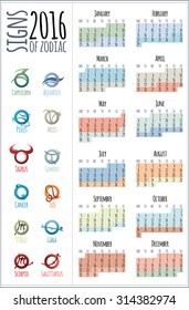 Design  european 2016 year vector calendar for print with zodiac symbols. Week Starts Monday. 2016 the year of Monkey. Calendar-horoscope marked with dates.
