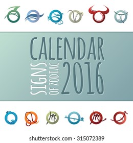 Design  european 2016 year vector calendar for print with zodiac symbols. Week Starts Monday. 2016 the year of Monkey. Calendar-horoscope marked with dates.