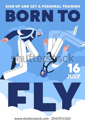 Design of event poster about parachuting. Promotion of skydiving lessons, free falling in the sky. Advertising template of extreme flight. Parachutists jumping, flying in air. Flat vector illustration