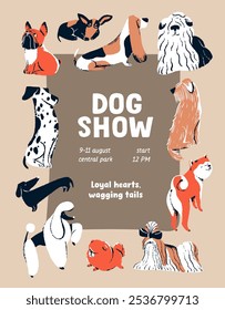 Diseño de cartel de evento de exposición canina de diferentes razas caninas. Plantilla del fomento del rendimiento con cachorros. Festiva con perritos divertidos, animales domésticos, mascotas felices. Ilustración vectorial plana