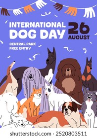 Desenho do cartaz do evento do Dia Internacional do Cão. Modelo de promoção de férias de cachorro. Animais domésticos, animais de estimação, filhotes de diferentes raças: akita, dobermann, samoyed. Ilustração de vetor plano