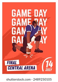 Design of event poster of rugby match. Template of promotion of American football play, game day. Professional sports player, athlete in helmet standing on knee, holds ball. Flat vector illustration