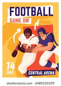 Design of event posters of American football match. Template of promotion of sport competition. Professional athletes, rugby players in uniform, helmets play with ball. Flat vector illustration