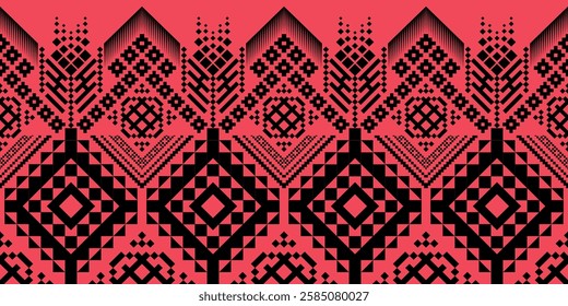 The design evokes a fusion of traditional textile artistry and contemporary digital illustration.  Prominent are large, symmetrical chevron or pine tree-like shapes with intricate internal structures,