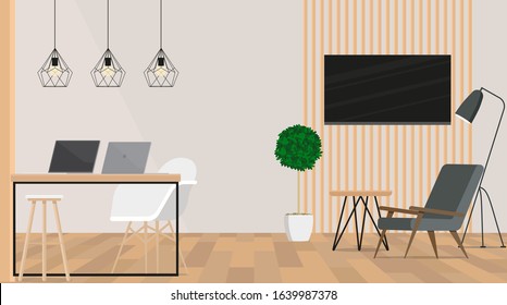 Design of the exhibition stand with furniture and TV screen.