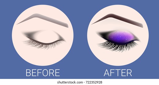 Design of eyebrows and make-up. The closed female eye before and after a make-up. Curved female eyebrow and long eyelashes. Eyelash extension, eye shine and eyebrow tattoo.